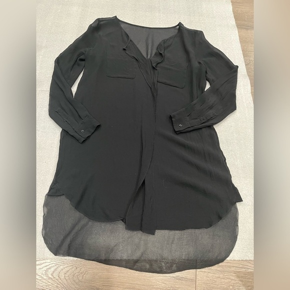 [M]Wilfred 100% Silk Womens Black Long Sleeve Blouse Pockets Sheer Asymmetrical - Picture 2 of 6
